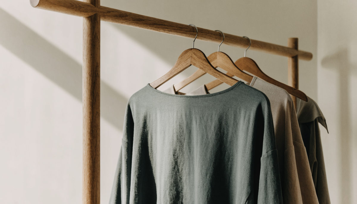 Cintres et vêtements grande taille alignés sur un portant en bois