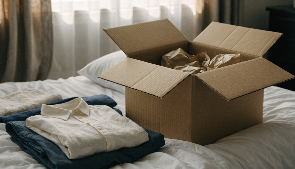 Colis de vêtements ouvert sur un lit, pièces grande taille dépliées Image