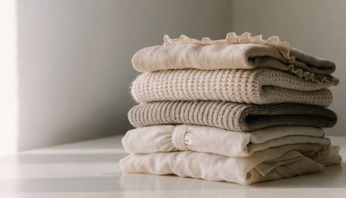 Vêtements grande taille pliés en pile sur une table claire Image