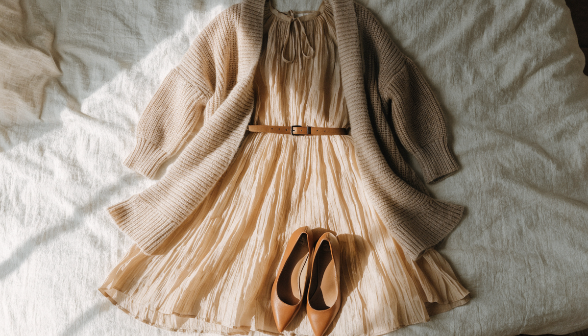 Tenue grande taille composée sur un lit : robe fluide, ceinture et veste Image