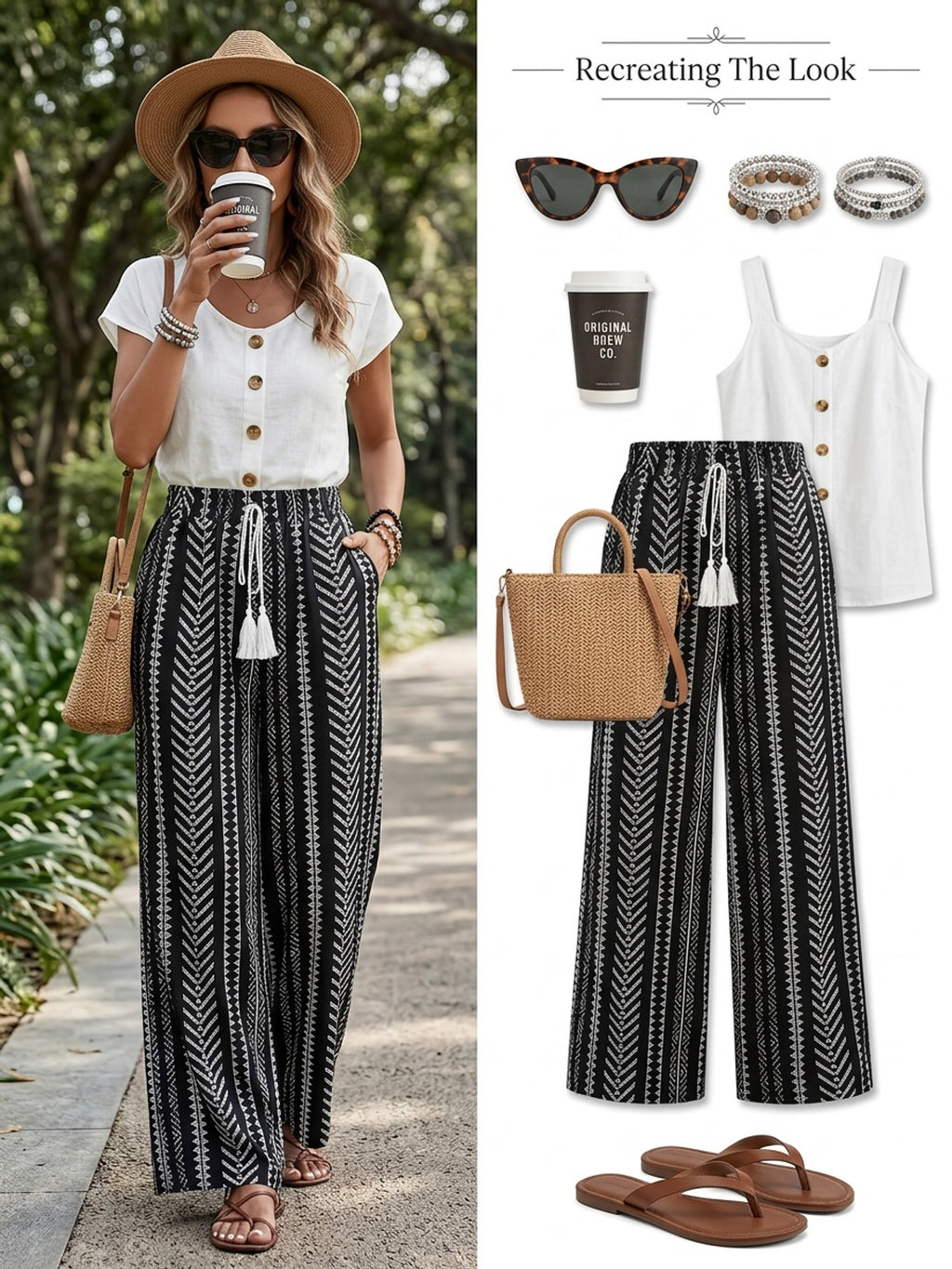 Pantalon grande taille à imprimé géométrique, coupe droite, tissu opaque
