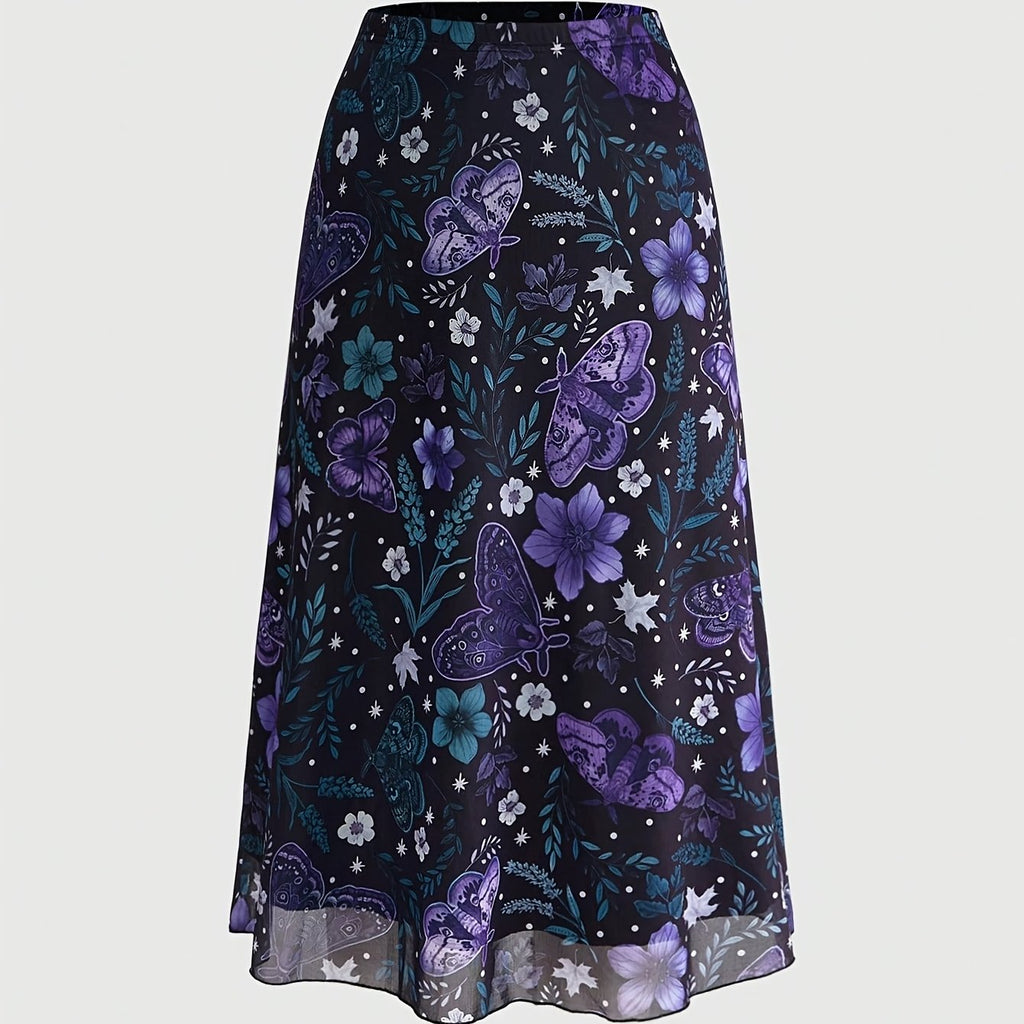 Jupe grande taille à imprimé fleuri, coupe droite, imprimé floral — matière : polyester