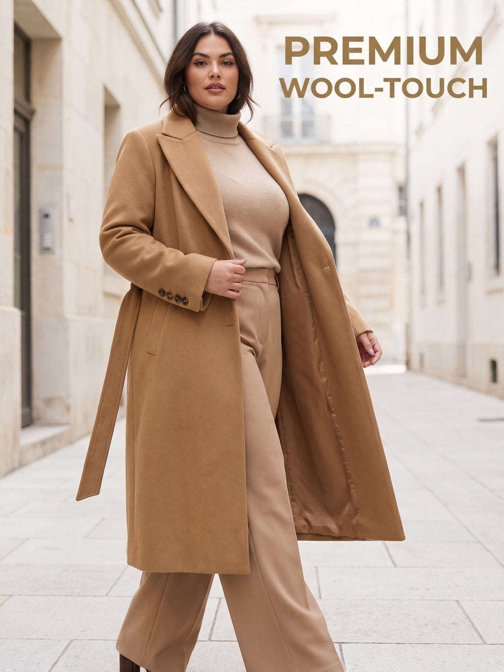 Manteau grande taille, col à revers, ceinture assortie, chaleur d'hiver, porté de face