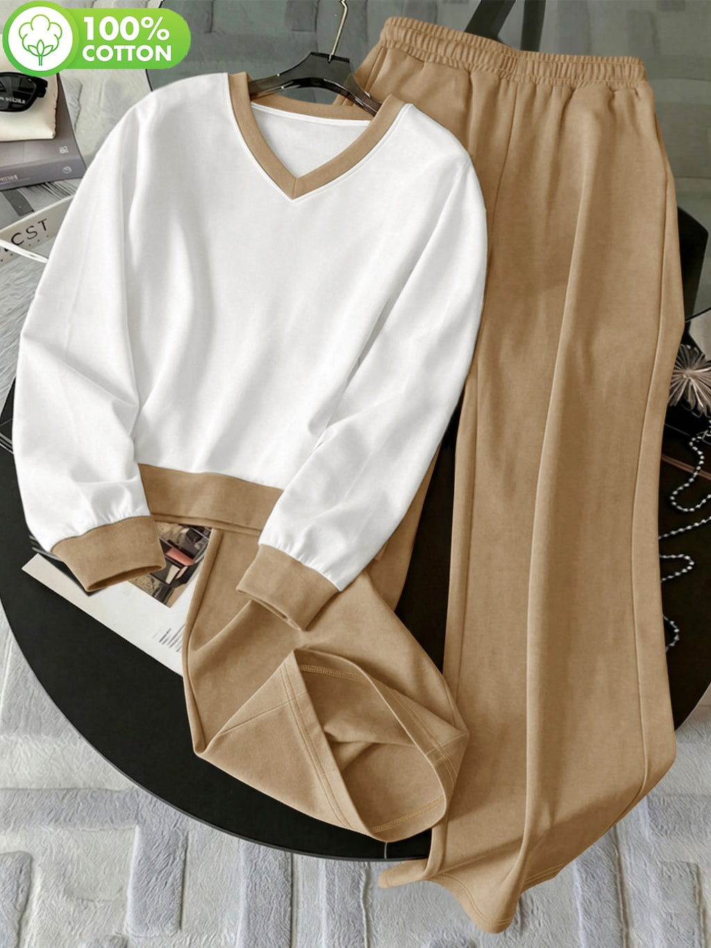 Ensemble grande taille, coupe ample, manches longues, toucher naturel, porté de face