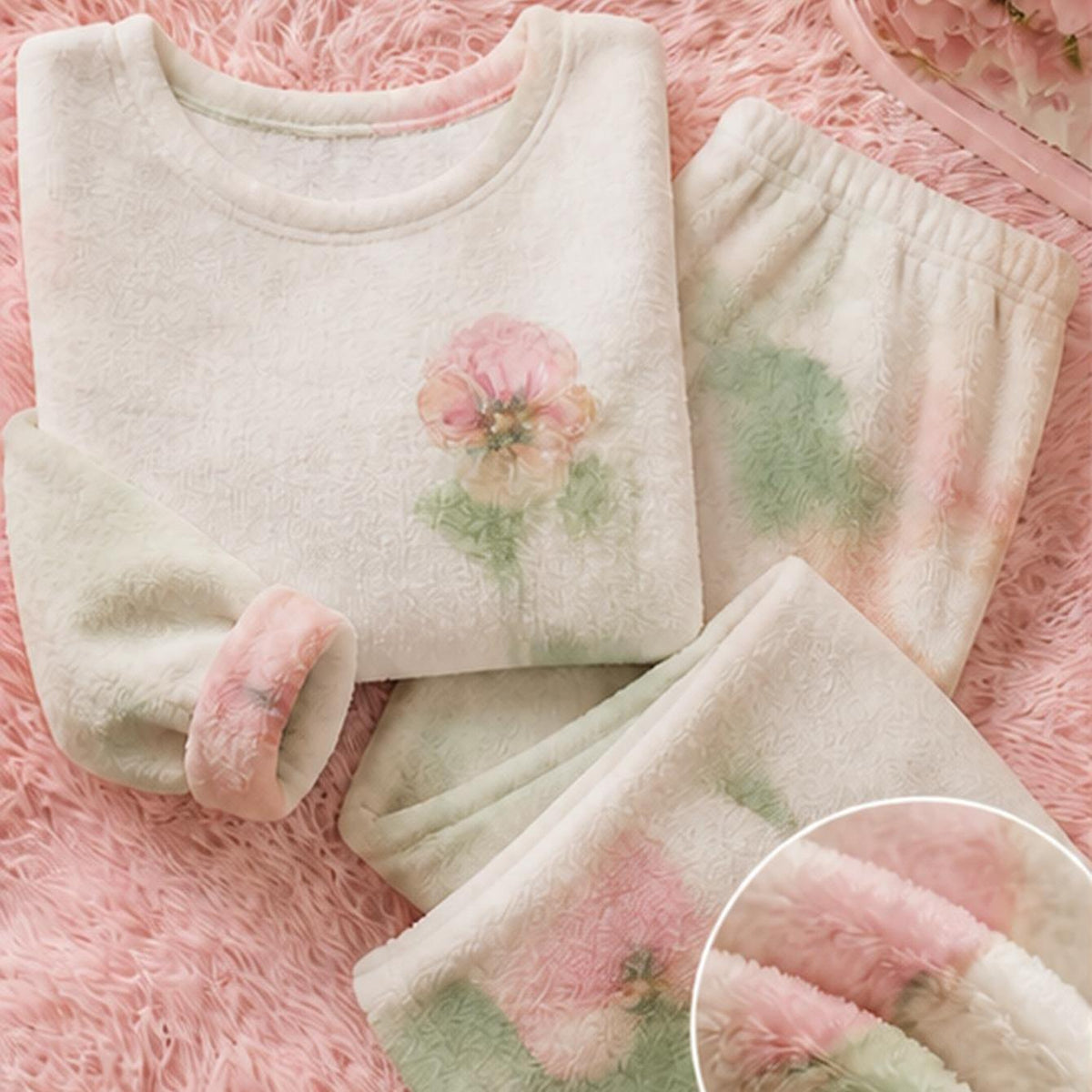 Pyjama grande taille, col rond, allure vintage — matière : polyester