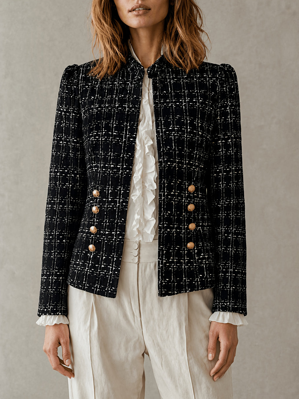 Veste grande taille en tweed, vu de dos