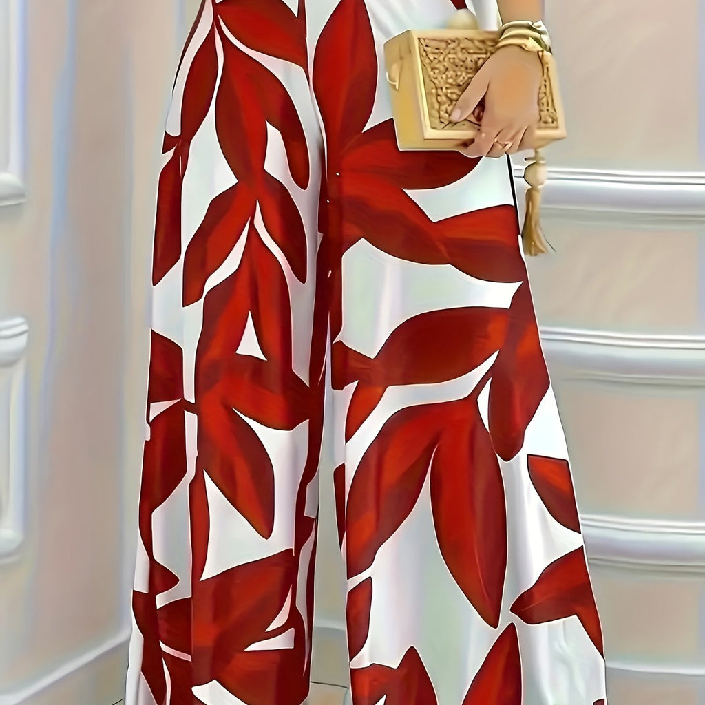 Pantalon grande taille à imprimé tropical, coupe évasée — matière : polyester