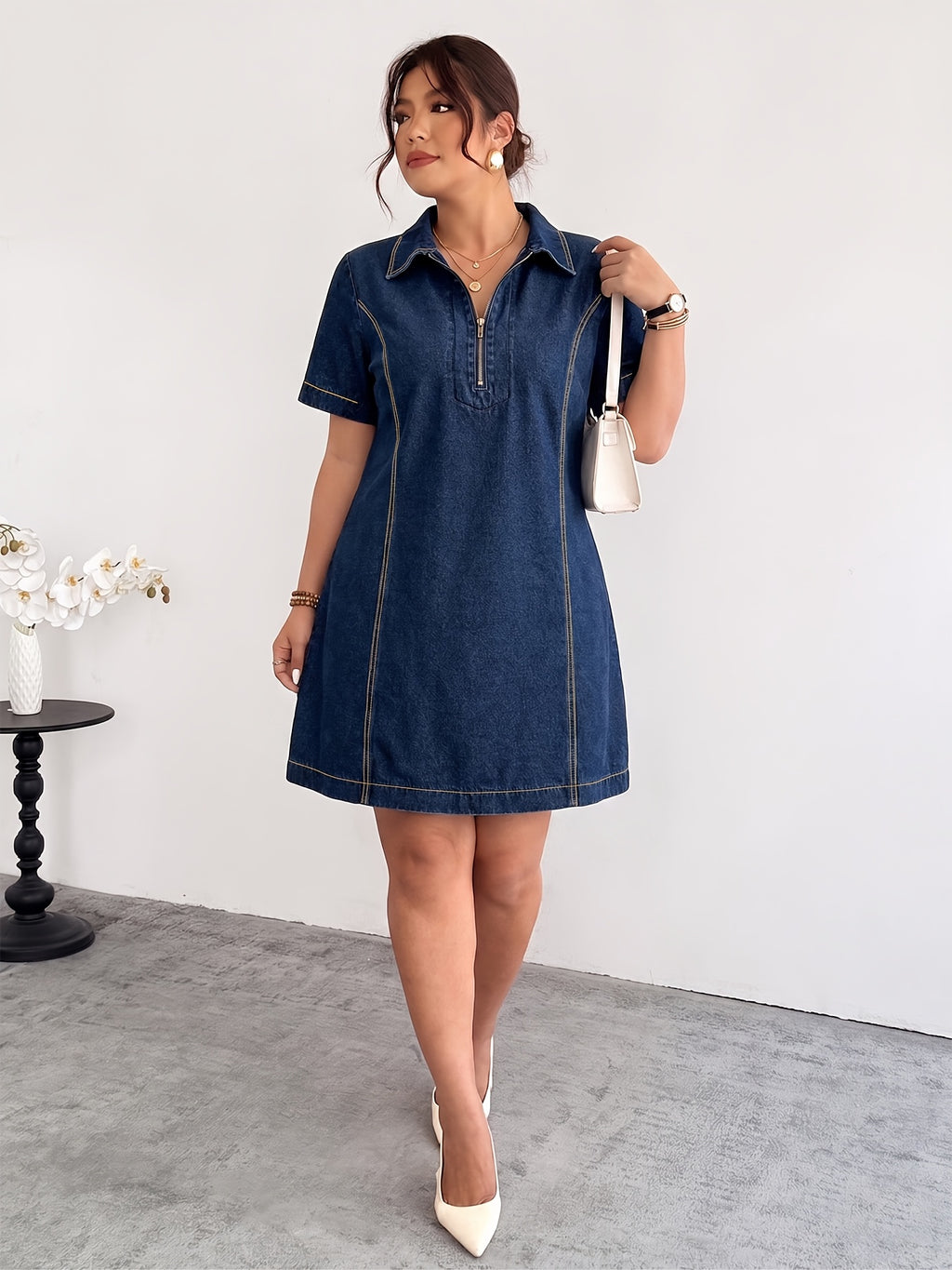 Robe grande taille, coupe ample, manches longues, tenue franche