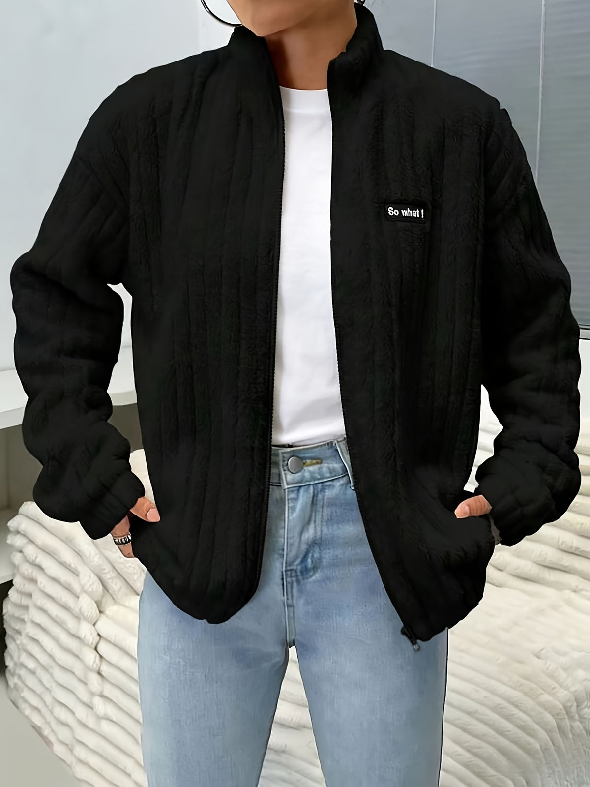 Veste grande taille, doublure, porté de face