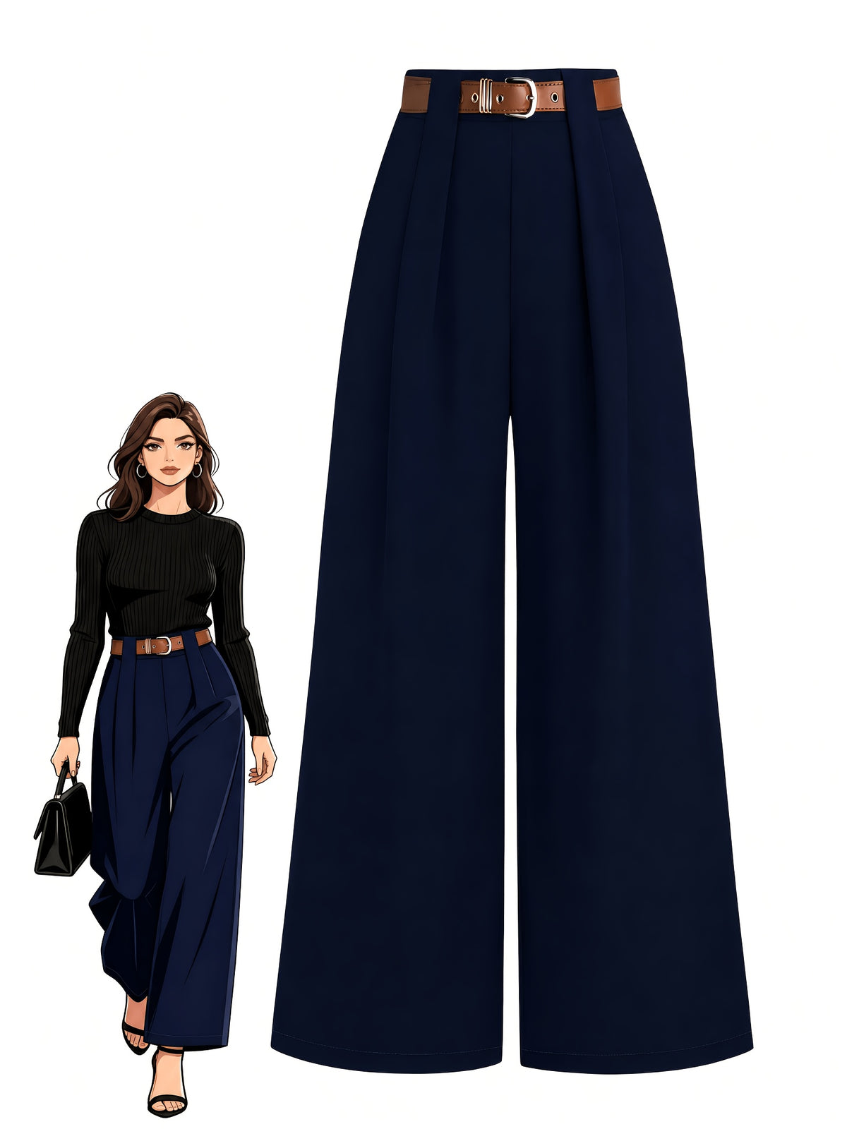 Pantalon grande taille, coupe droite, ceinture assortie, plissé, détail du col