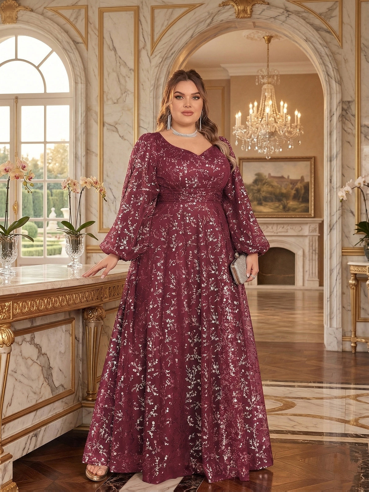 Robe de cérémonie grande taille, tulle à branches de sequins