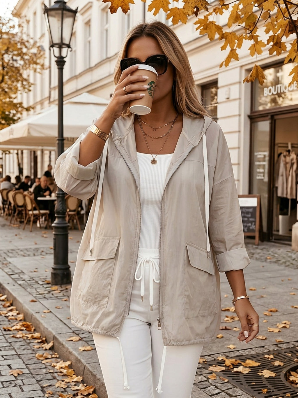 Veste grande taille, coupe oversize, capuche, tissu léger, porté de face
