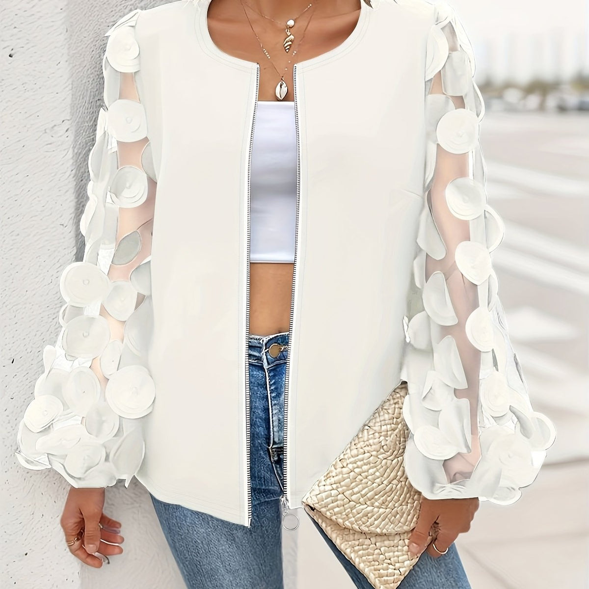 Veste grande taille, fermeture zippée, tissu léger — composition : 100% Polyester