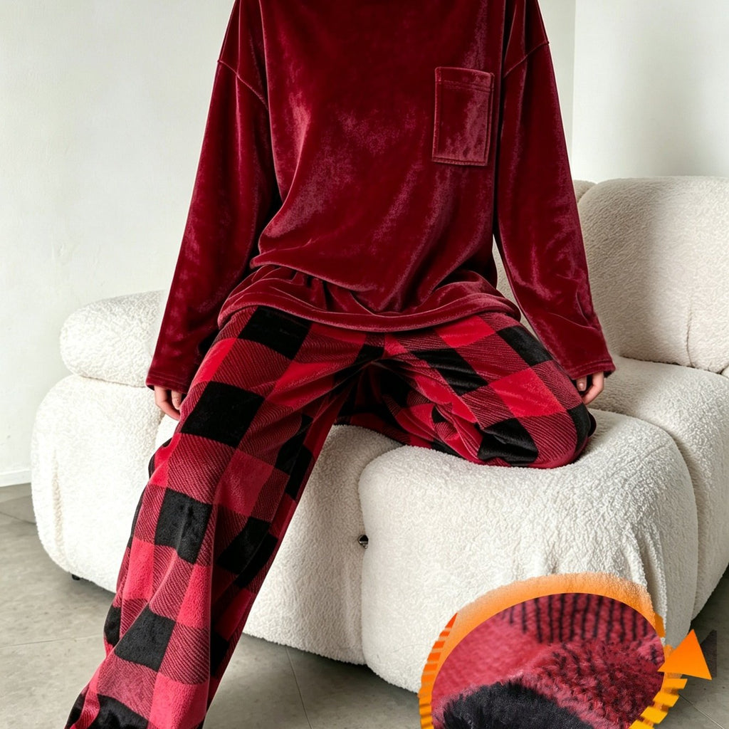 Pyjama grande taille à carreaux, chaleur d'hiver, esprit décontracté — matière : polyester