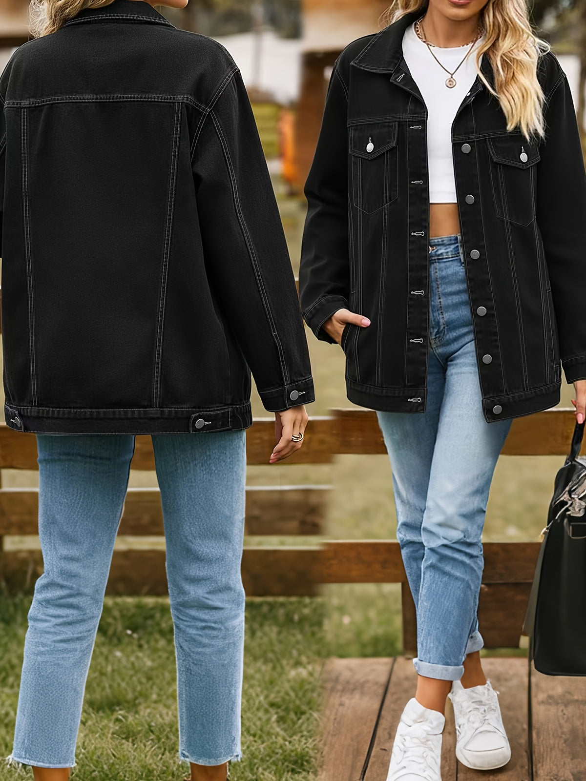 Veste grande taille, coupe oversize, poches plaquées, tenue franche, détail du col