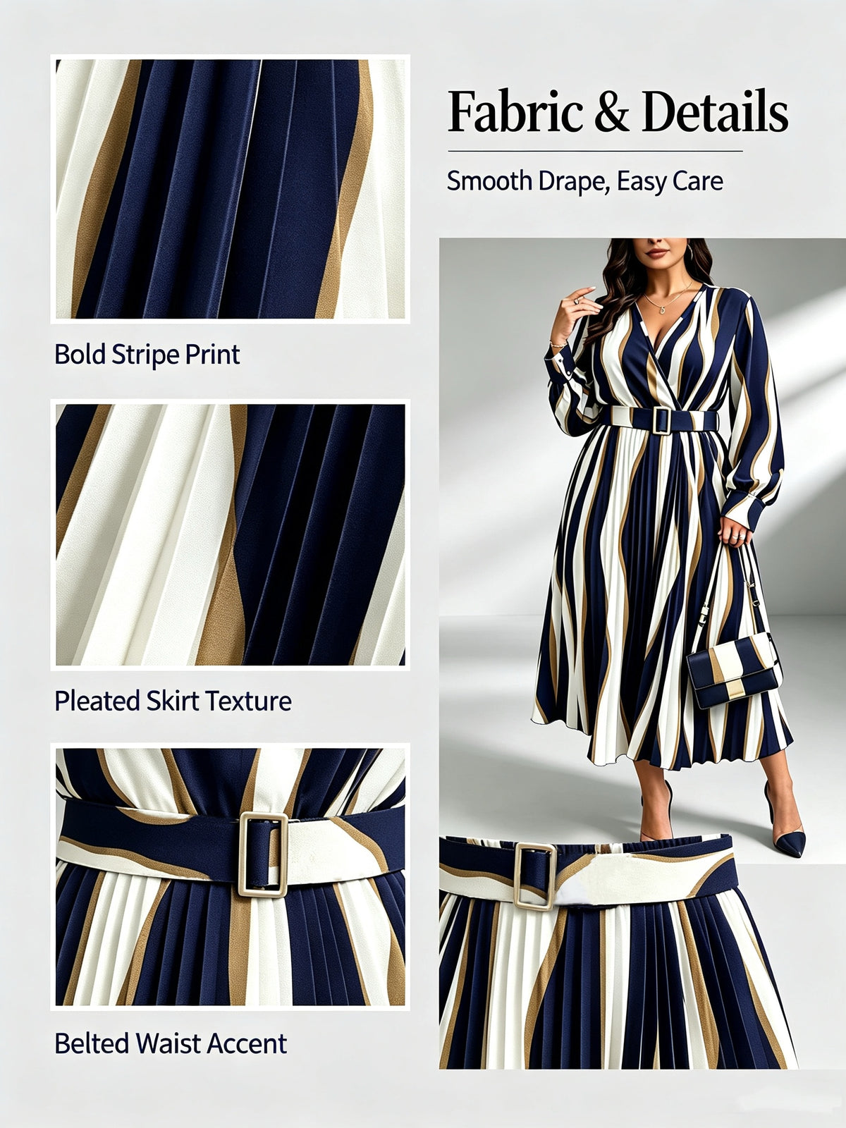 Robe midi grande taille, plissé soleil à rayures ondulées