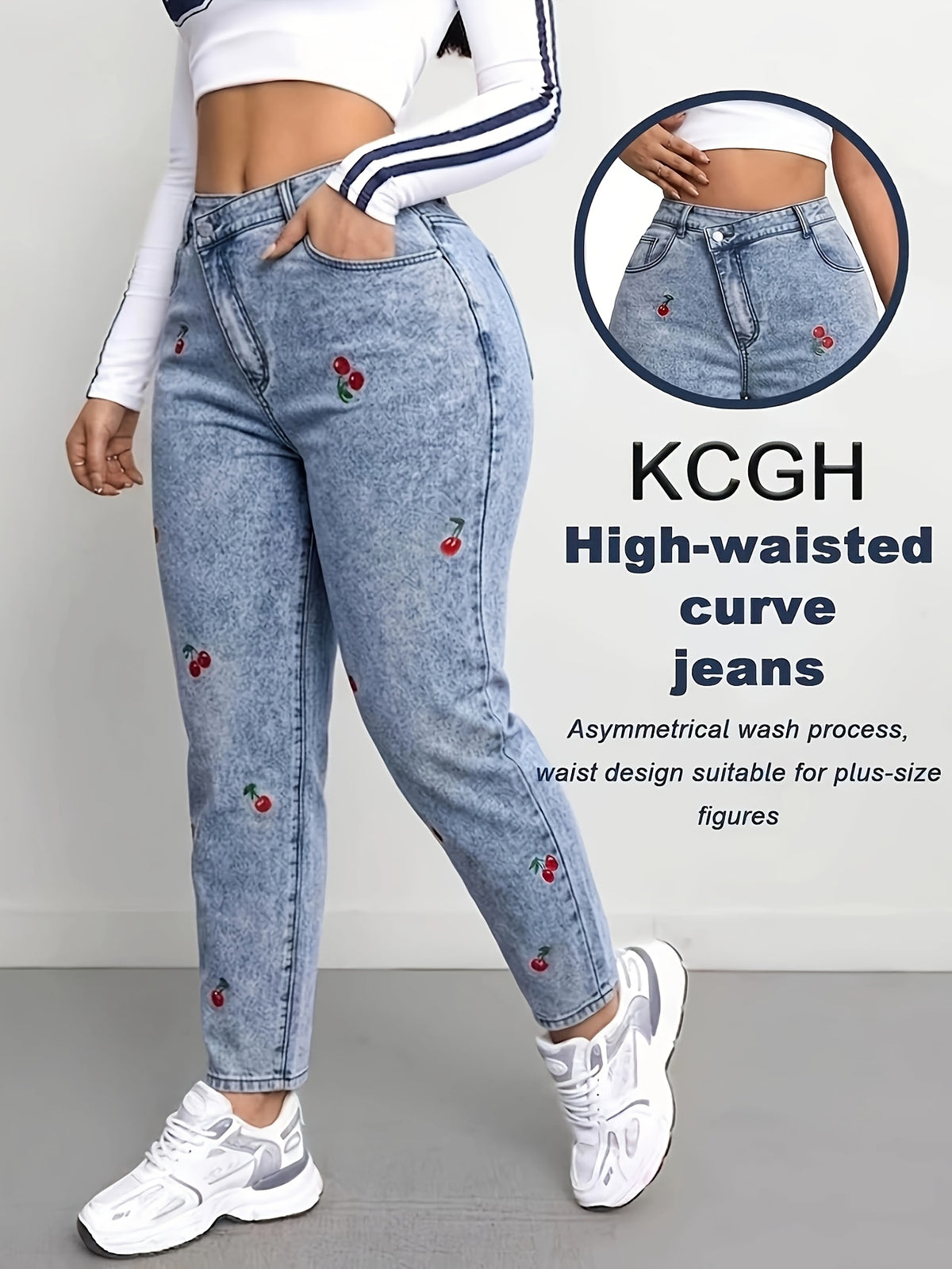 Jean grande taille, coupe oversize, broderie, tenue franche, tissu opaque