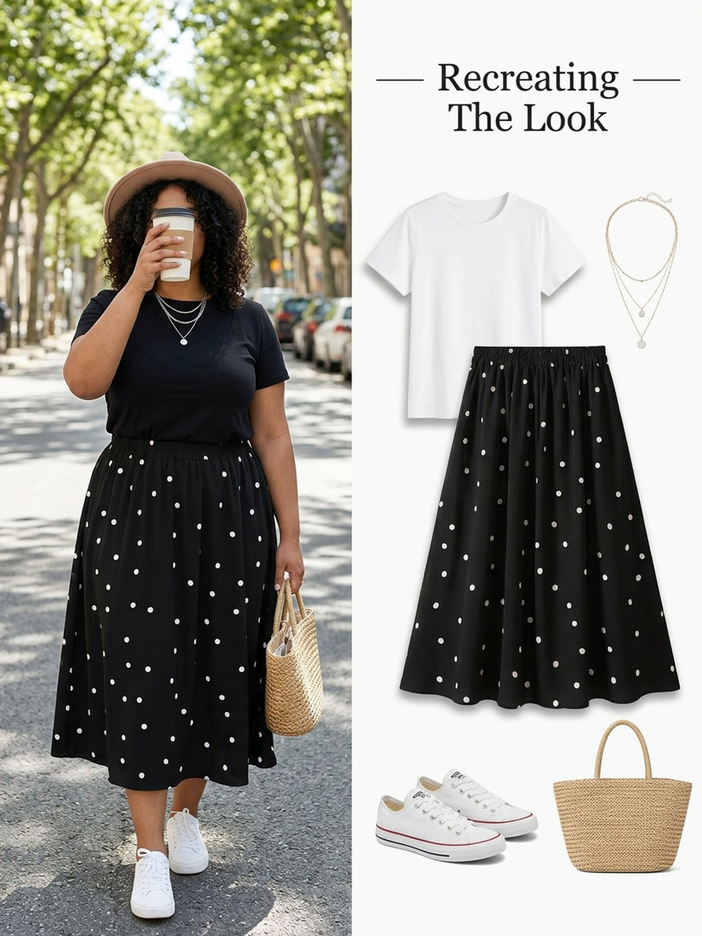 Jupe grande taille à pois, coupe évasée, allure élégante, détail du col