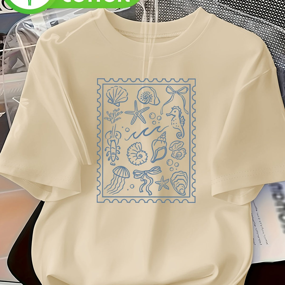 Top grande taille, col rond, manches courtes, toucher naturel, mise en situation