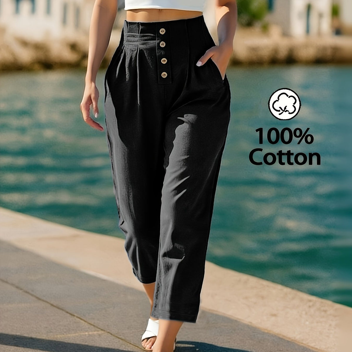 Pantalon grande taille, coupe droite, toucher naturel — matière : coton