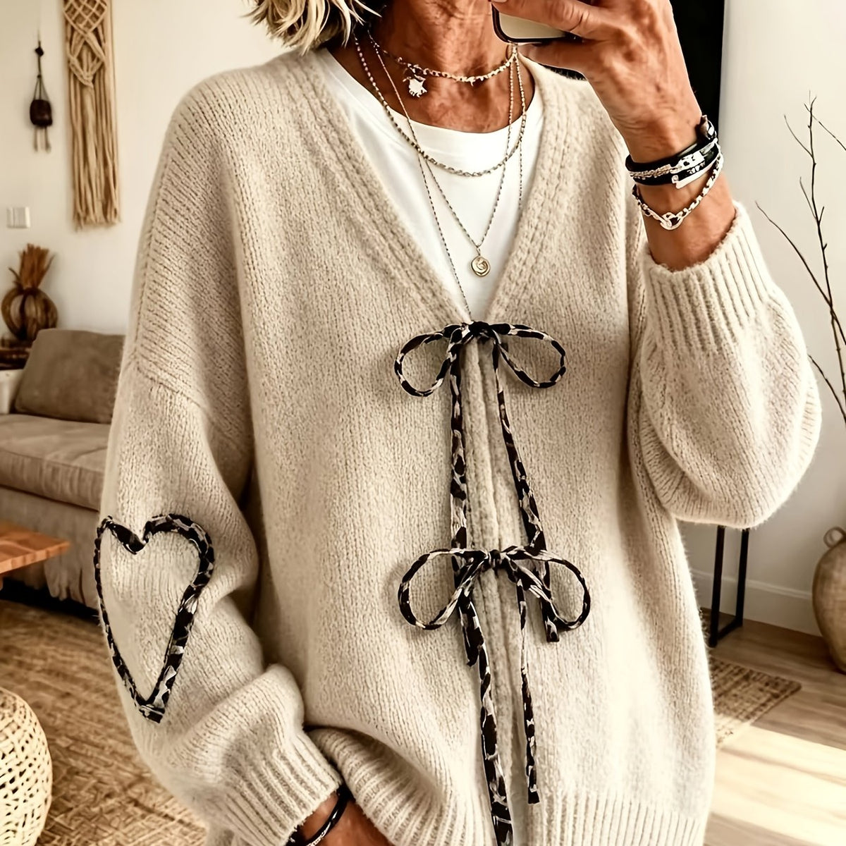 Cardigan grande taille à rayures, coupe oversize, col V, cordon de serrage