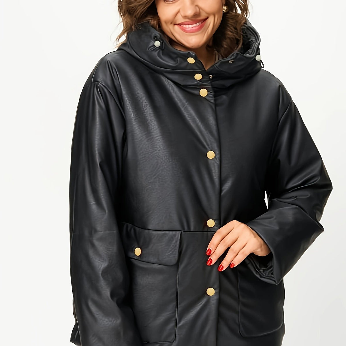 Robe grande taille en cuir synthétique, coupe ample, capuche, allure cuir — matière : polyester Image