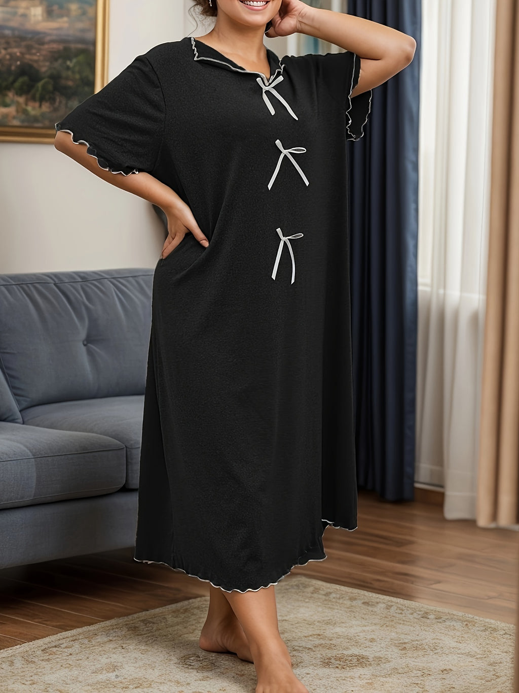 Chemise de nuit grande taille — Liseré ivoire et trois nœuds