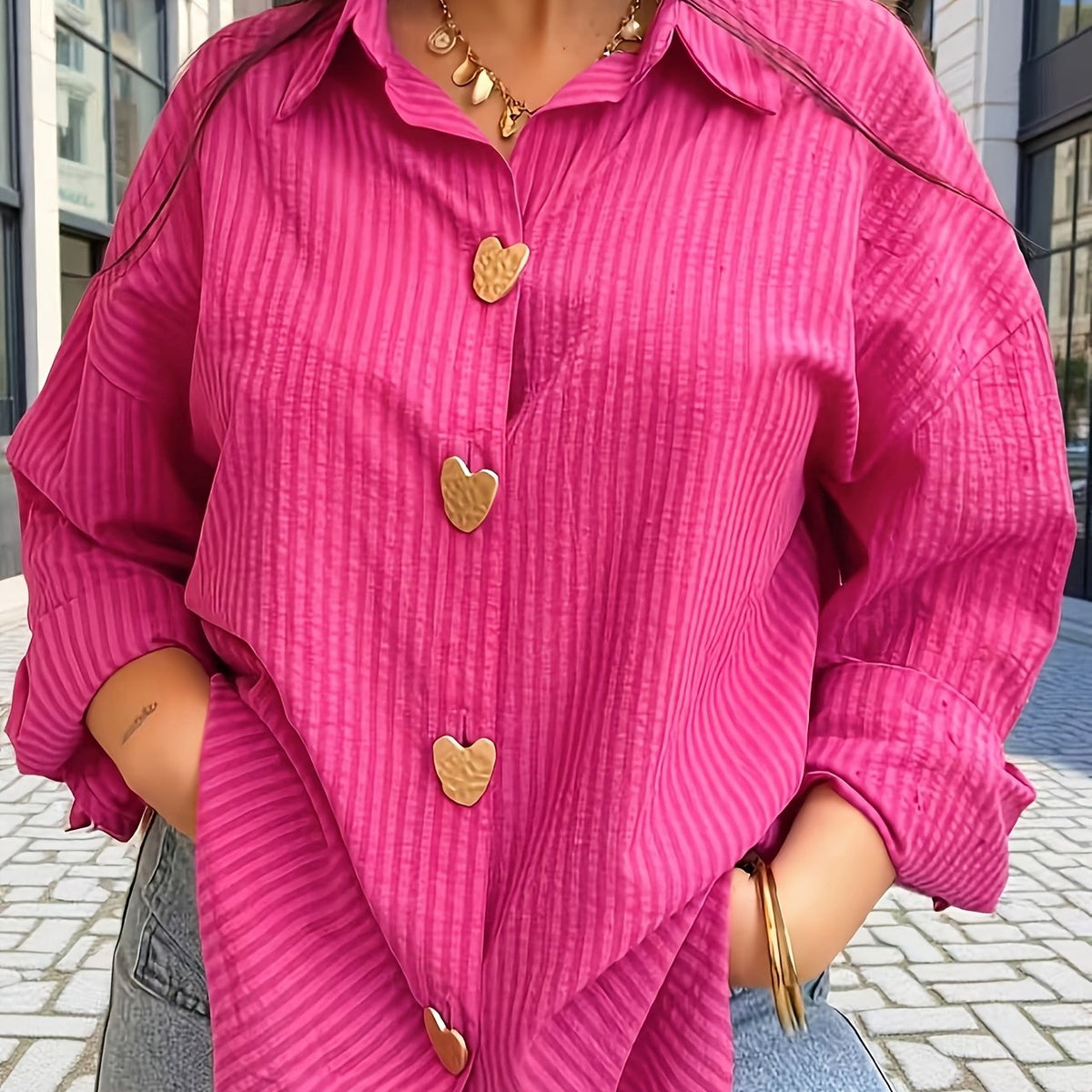 Chemise grande taille à rayures, boutonnage, manches longues — matière : polyester