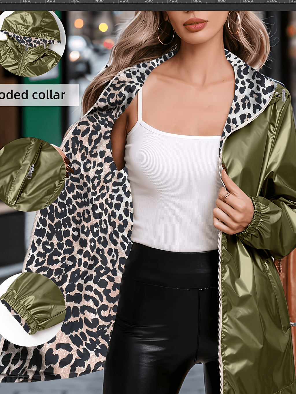 Veste grande taille à imprimé léopard, coupe ample, capuche, détail du col
