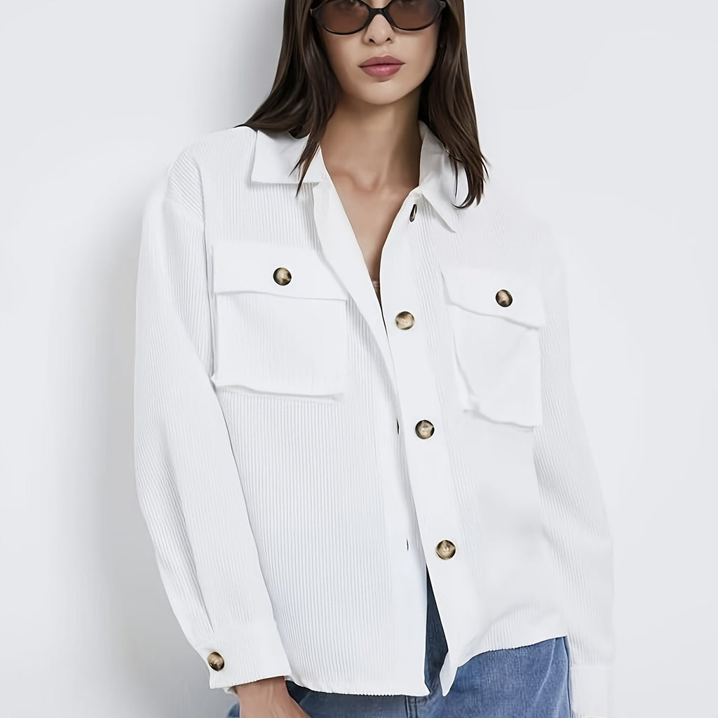 Veste grande taille en velours côtelé, col polo, boutonnage, poches pratiques — matière : polyester