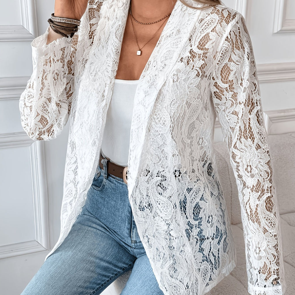 Cardigan grande taille en dentelle, manches longues, effet ajouré — matière : polyester