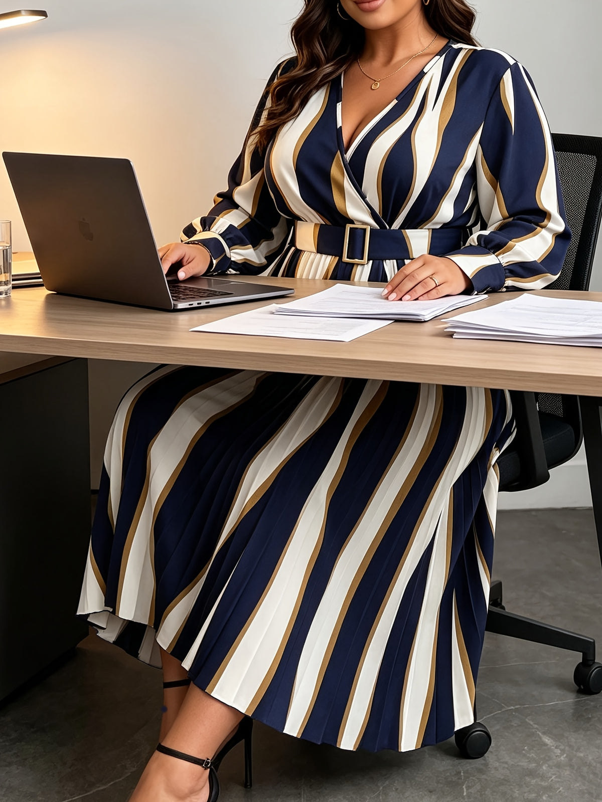 Robe midi grande taille, plissé soleil à rayures ondulées