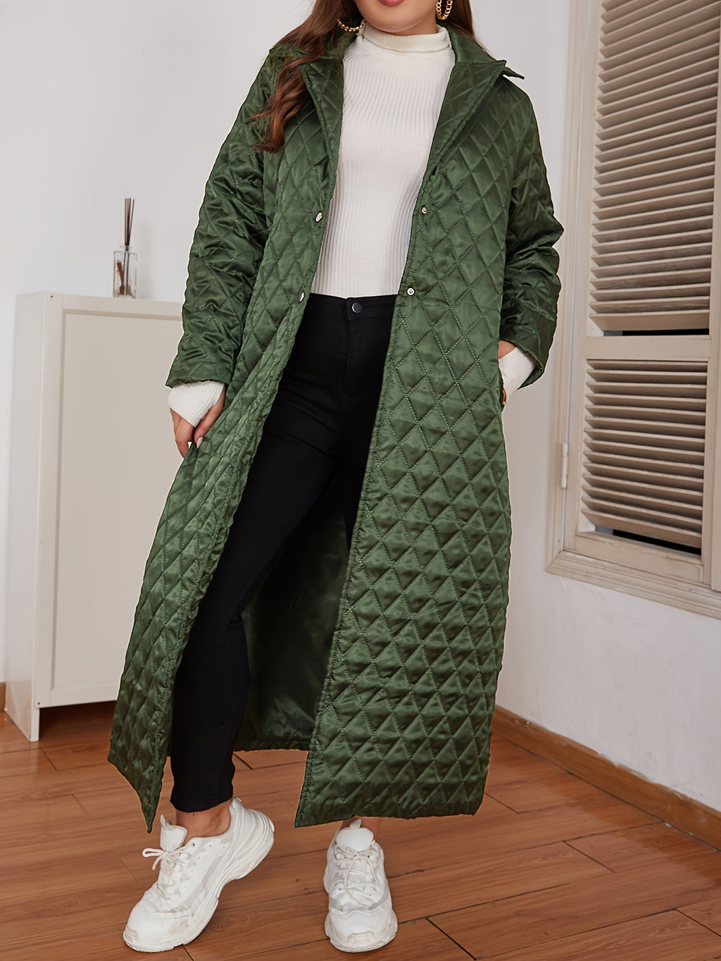 Manteau grande taille, col V, chaleur d'hiver, vue de profil