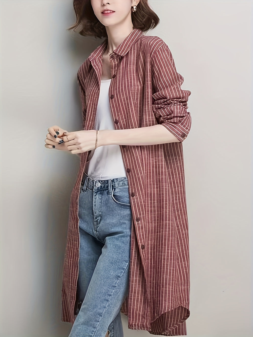 Chemise grande taille à rayures, coupe ample, col à revers, boutonnage, autre coloris