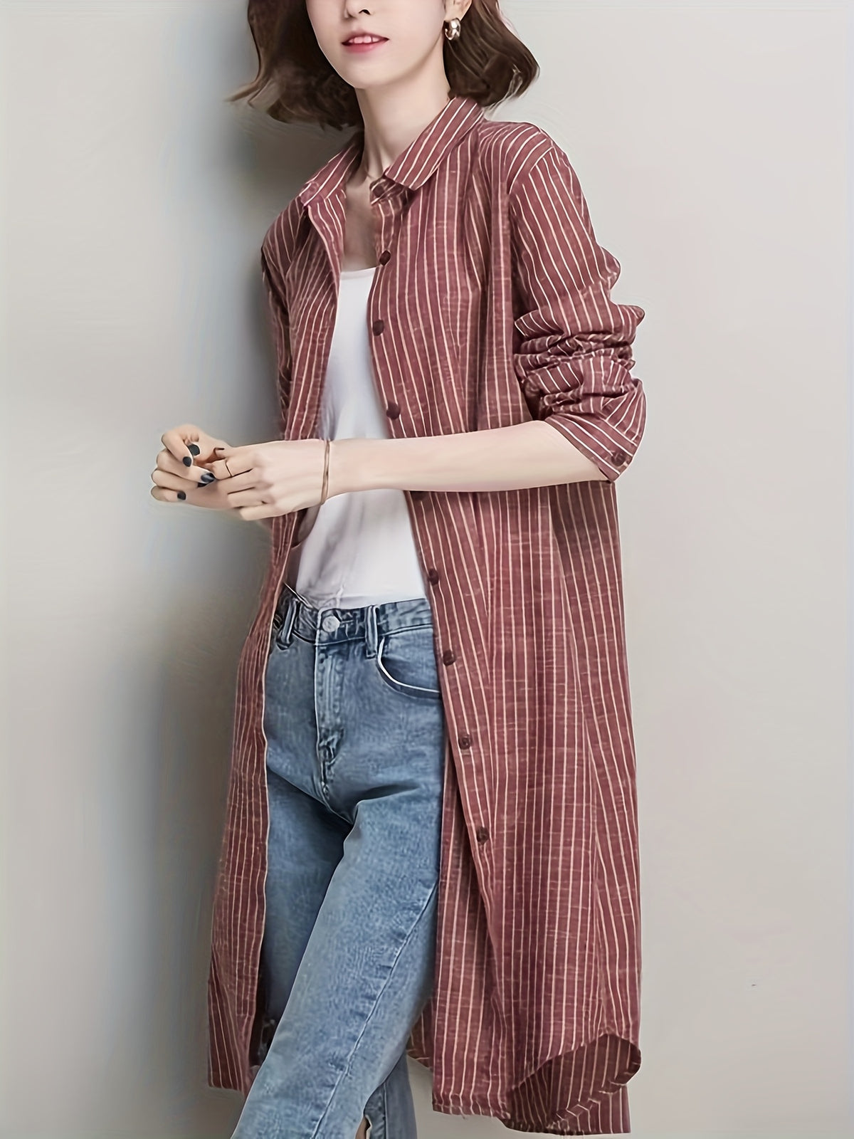Chemise grande taille à rayures, coupe ample, col à revers, boutonnage, autre coloris