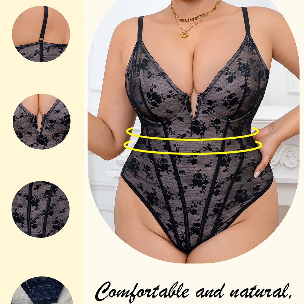 Combinaison grande taille en dentelle à imprimé fleuri, effet ajouré — composition : 76% Nylon, 24% Élasthanne