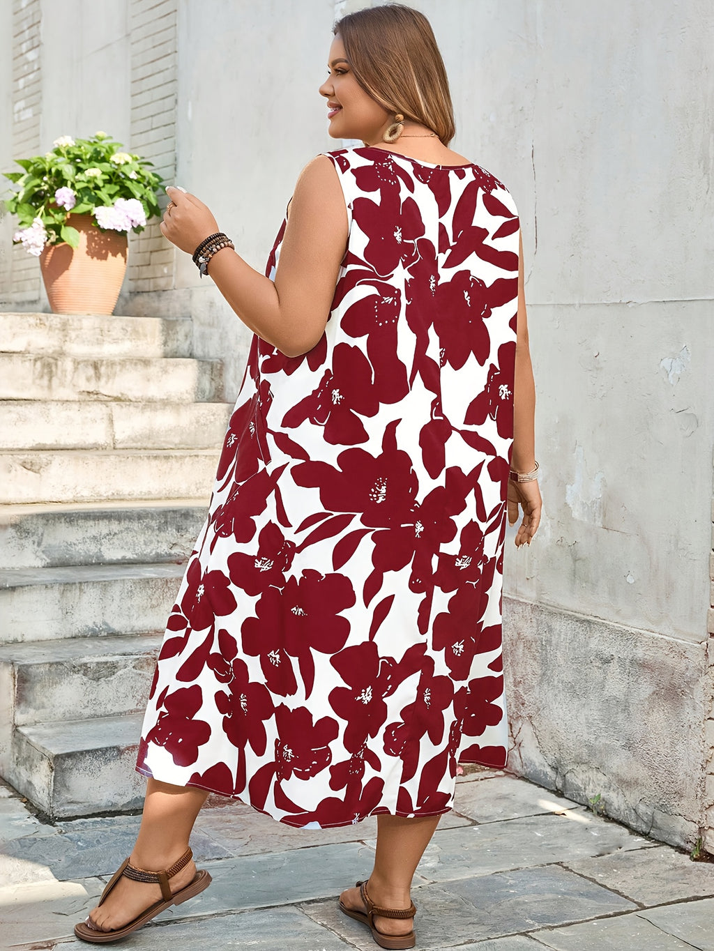 Robe midi grande taille — Grandes fleurs et poches latérales