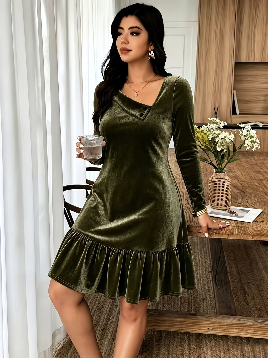 Robe grande taille en velours, coupe ample, volants, toucher profond