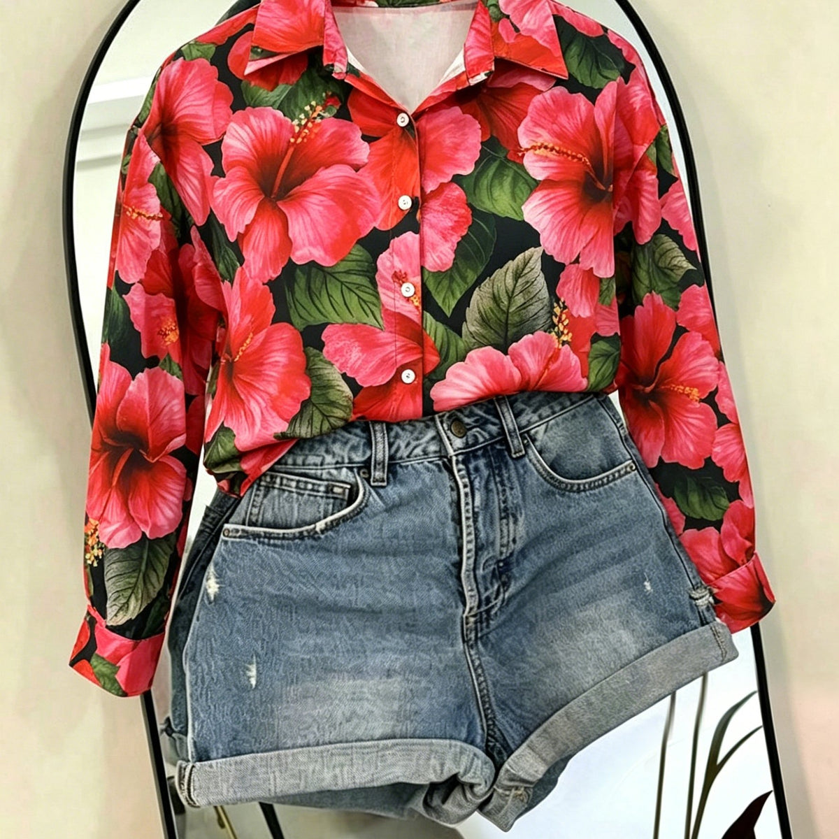 Chemise grande taille à imprimé fleuri, coupe ample, col