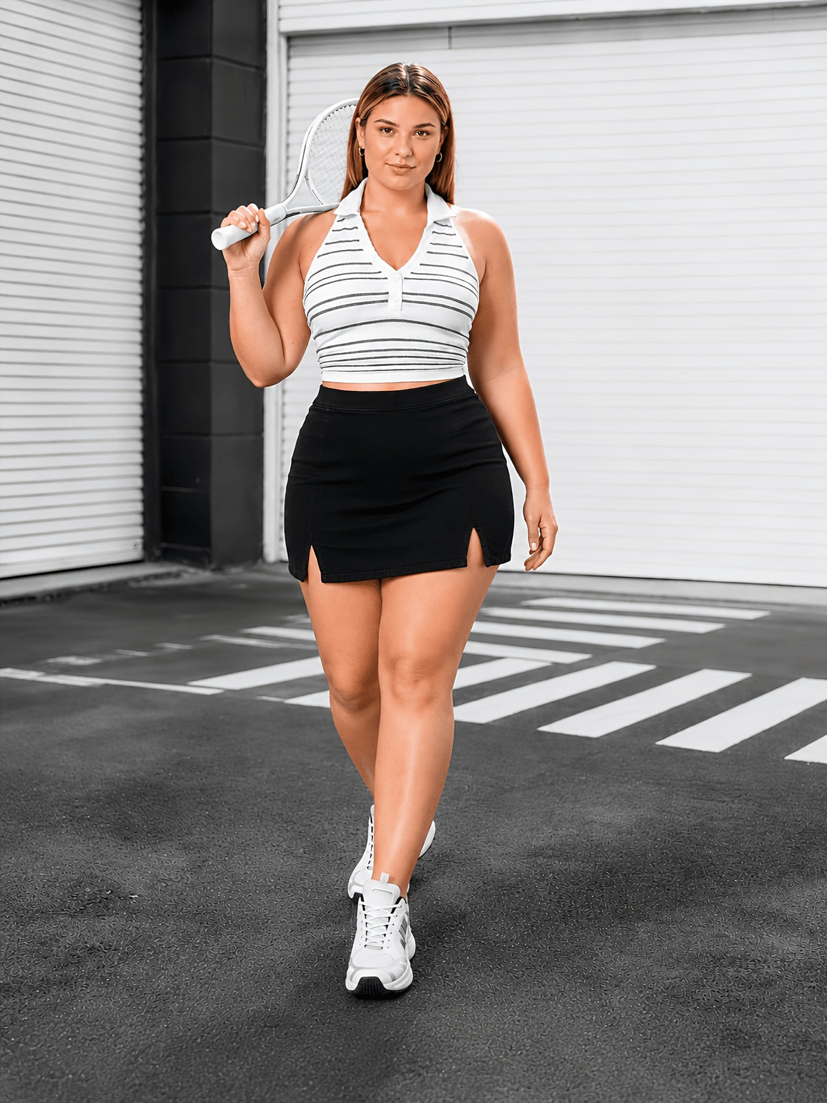 Jupe grande taille, coupe oversize, tenue franche, forte élasticité, détail du col