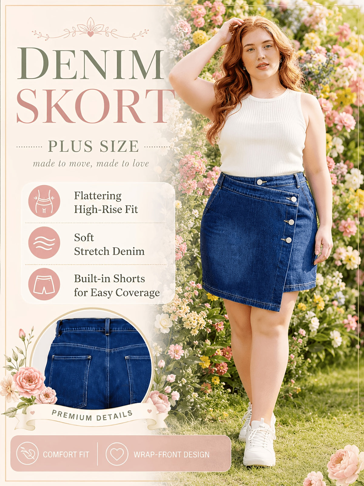 Jupe grande taille, tenue franche, forte élasticité, mise en situation