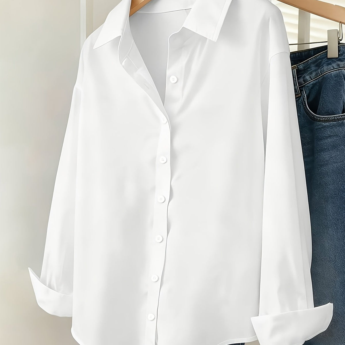 Chemise grande taille, col à revers, boutonnage, allure élégante, détail du tissu