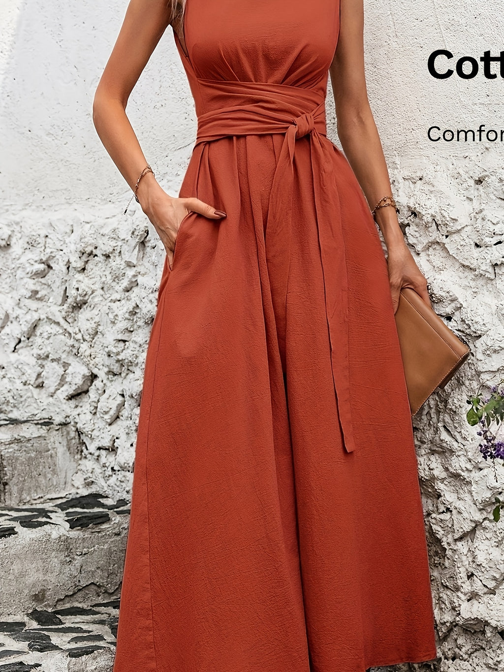 Robe longue grande taille — Coton, ceinture nouée au dos