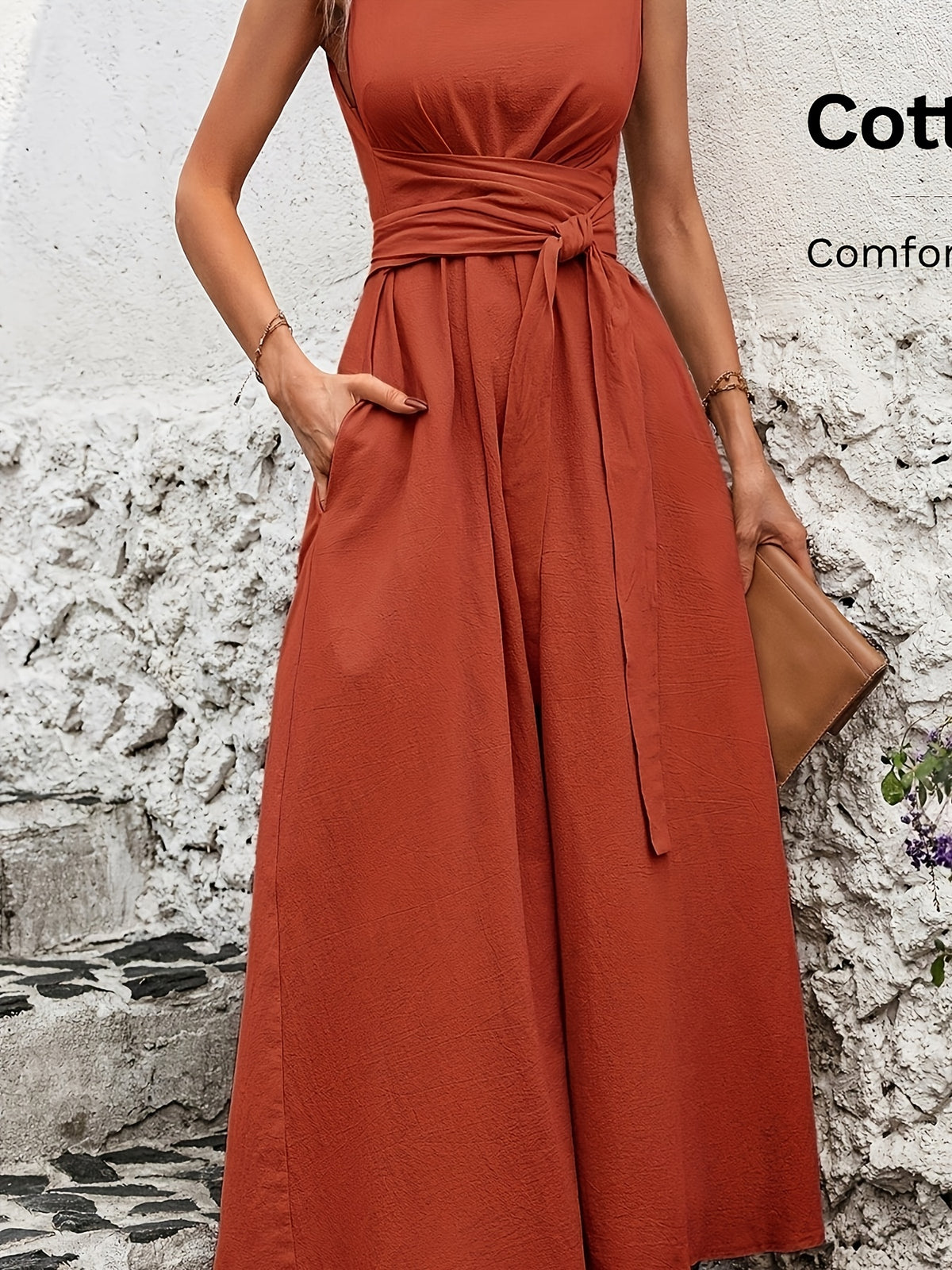 Robe longue grande taille — Coton, ceinture nouée au dos