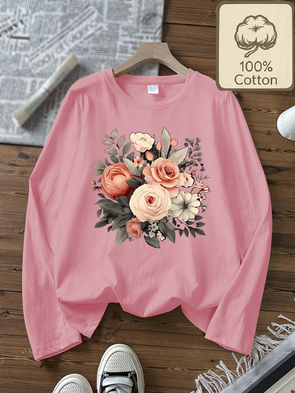 Top grande taille, col rond, manches longues, toucher naturel, autre coloris