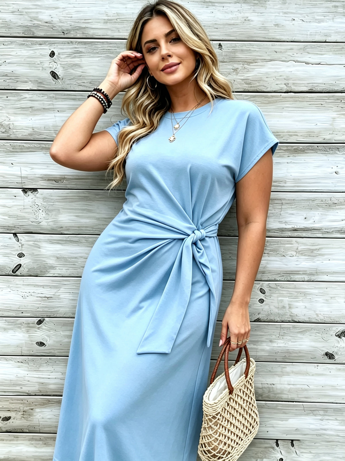 Robe longue grande taille — Jersey uni et nœud à la taille