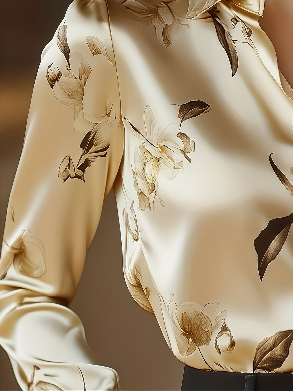 Chemise grande taille en satin à imprimé fleuri, manches longues, tombé fluide, détail du col