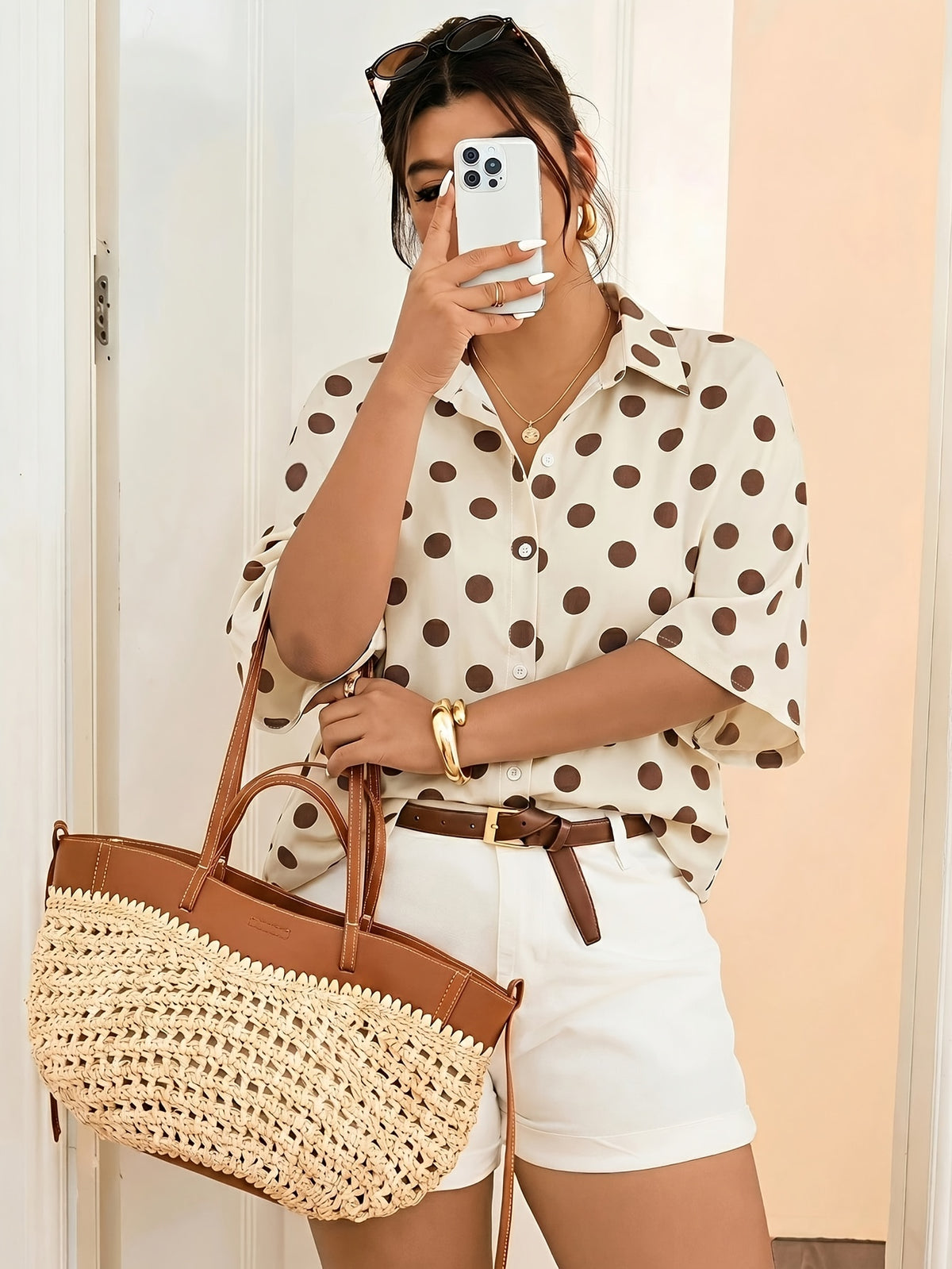 Chemise grande taille à pois, coupe oversize, manches courtes Image