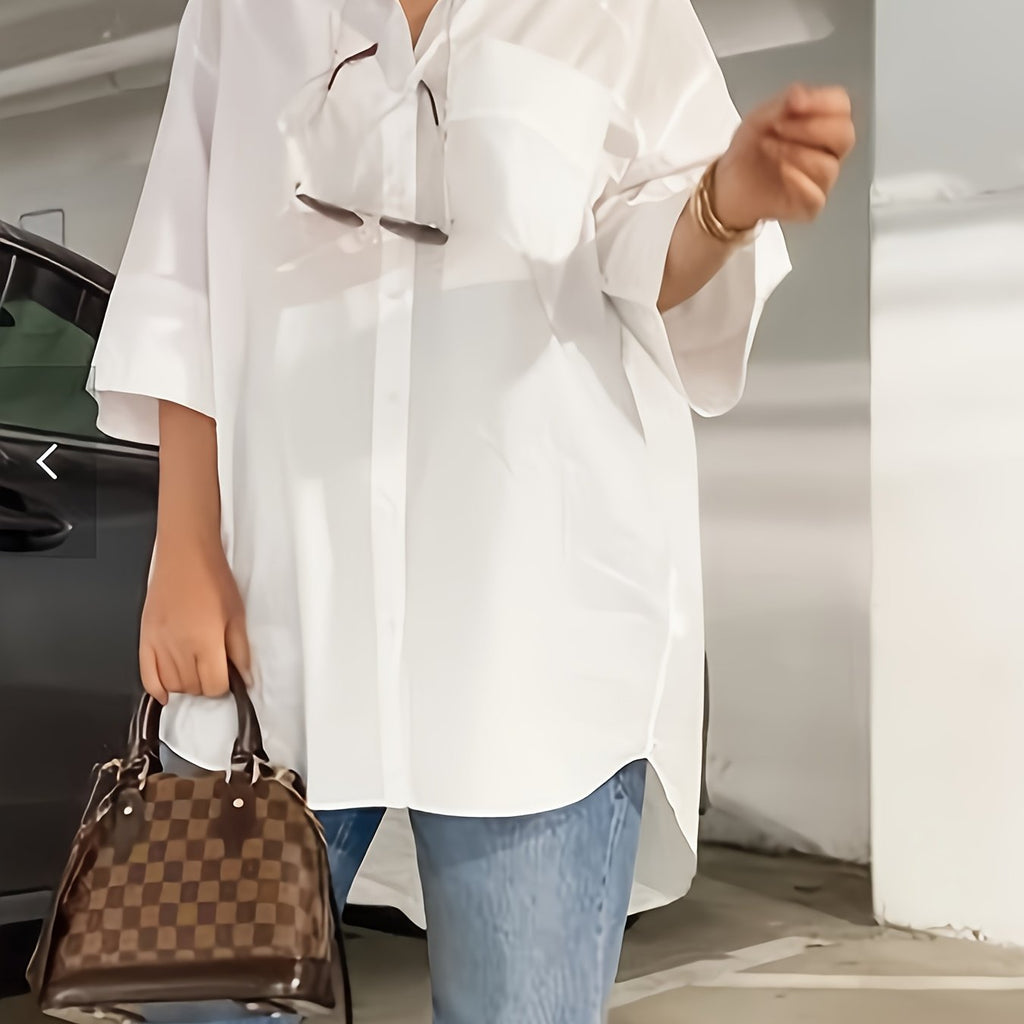 Chemise grande taille, coupe oversize, poches pratiques — matière : polyester