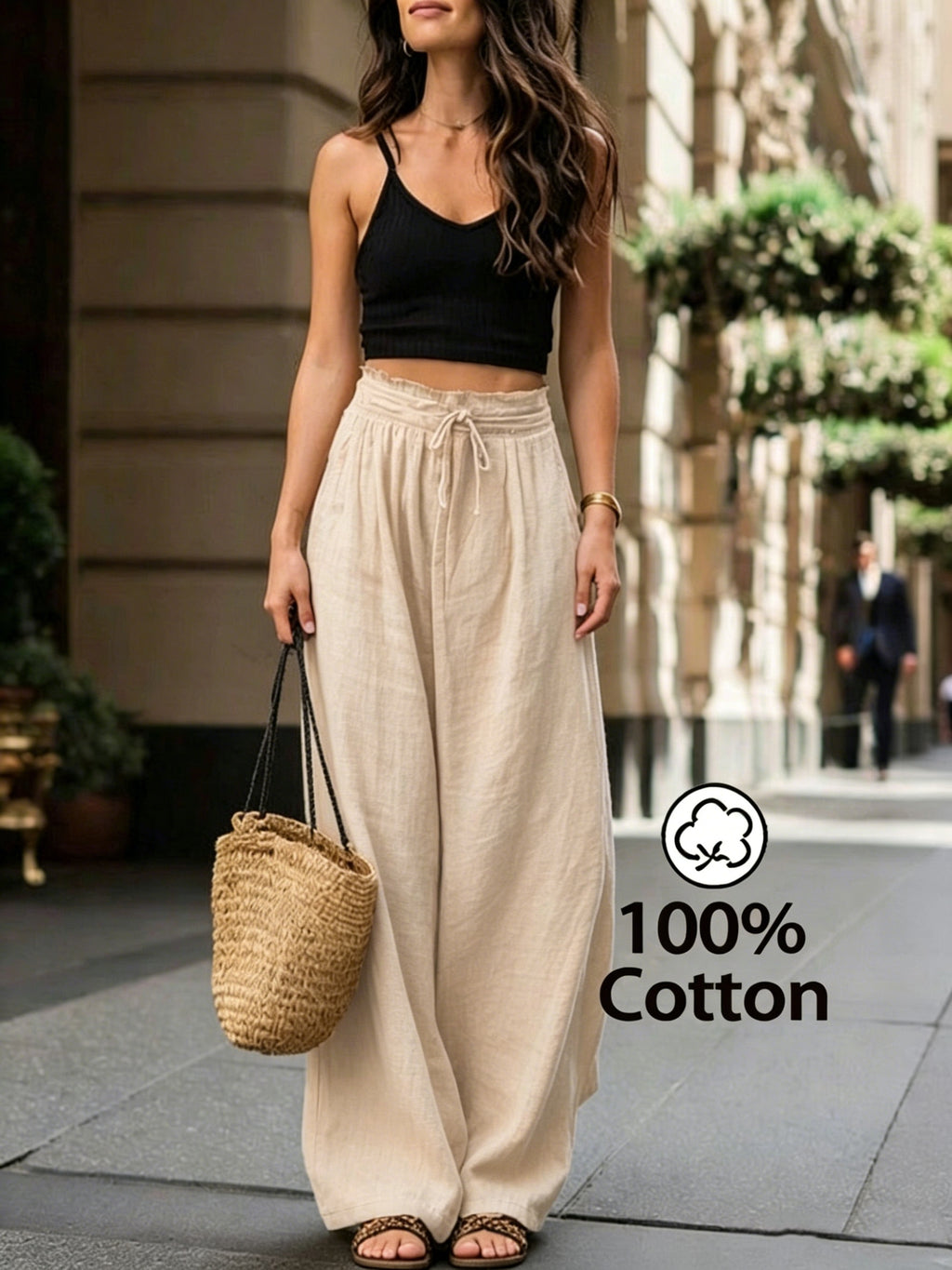 Pantalon en coton grande taille — Taille froncée et cordon